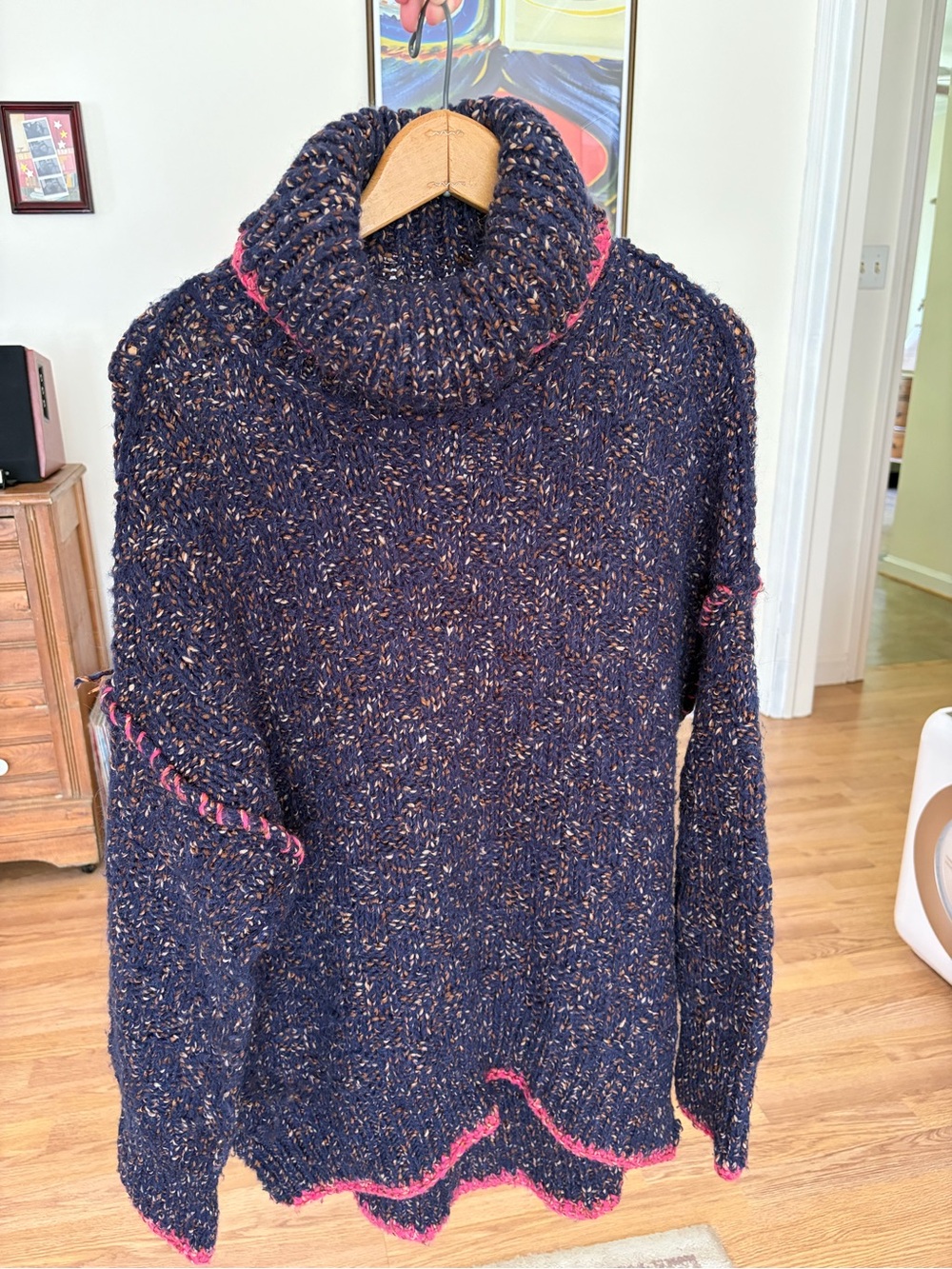 Free People Navy Turtleneck Sweater with Pink Trim